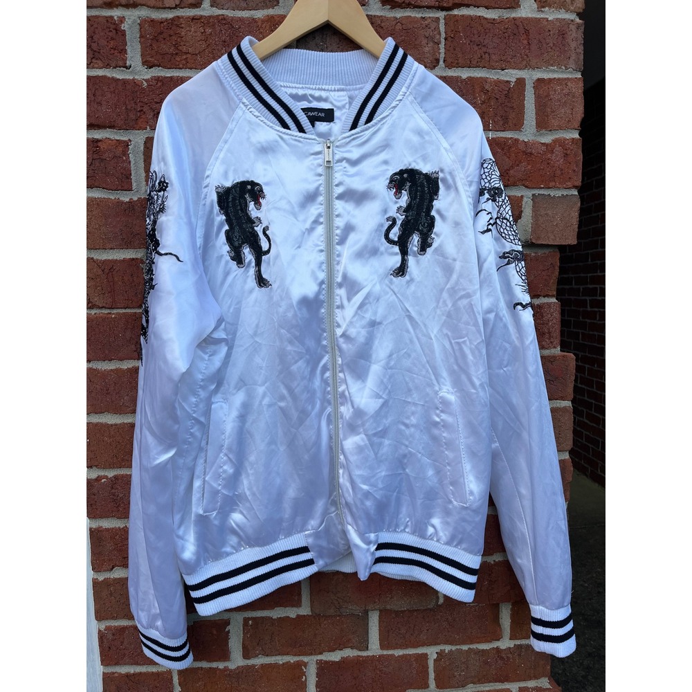 Rocawear Mens White Satin Bomber Jacket Dragon Panther Embroidered Large